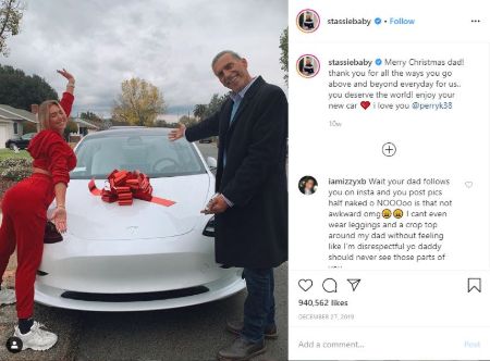 Anastasia Karanikolaou gifted a brand new all-white Tesla to her father that cost her a whopping $49,000.